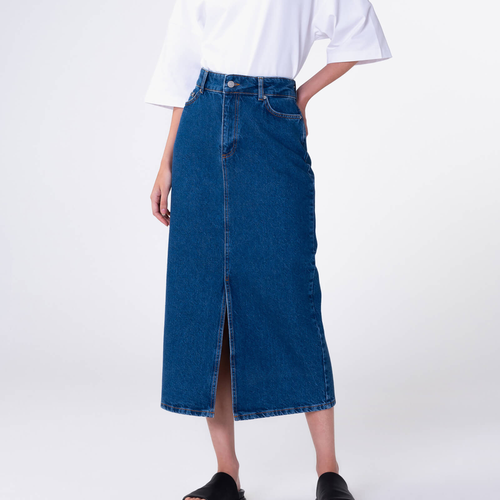 aligne greta organic cotton-denim midi skirt - uk 16 blau