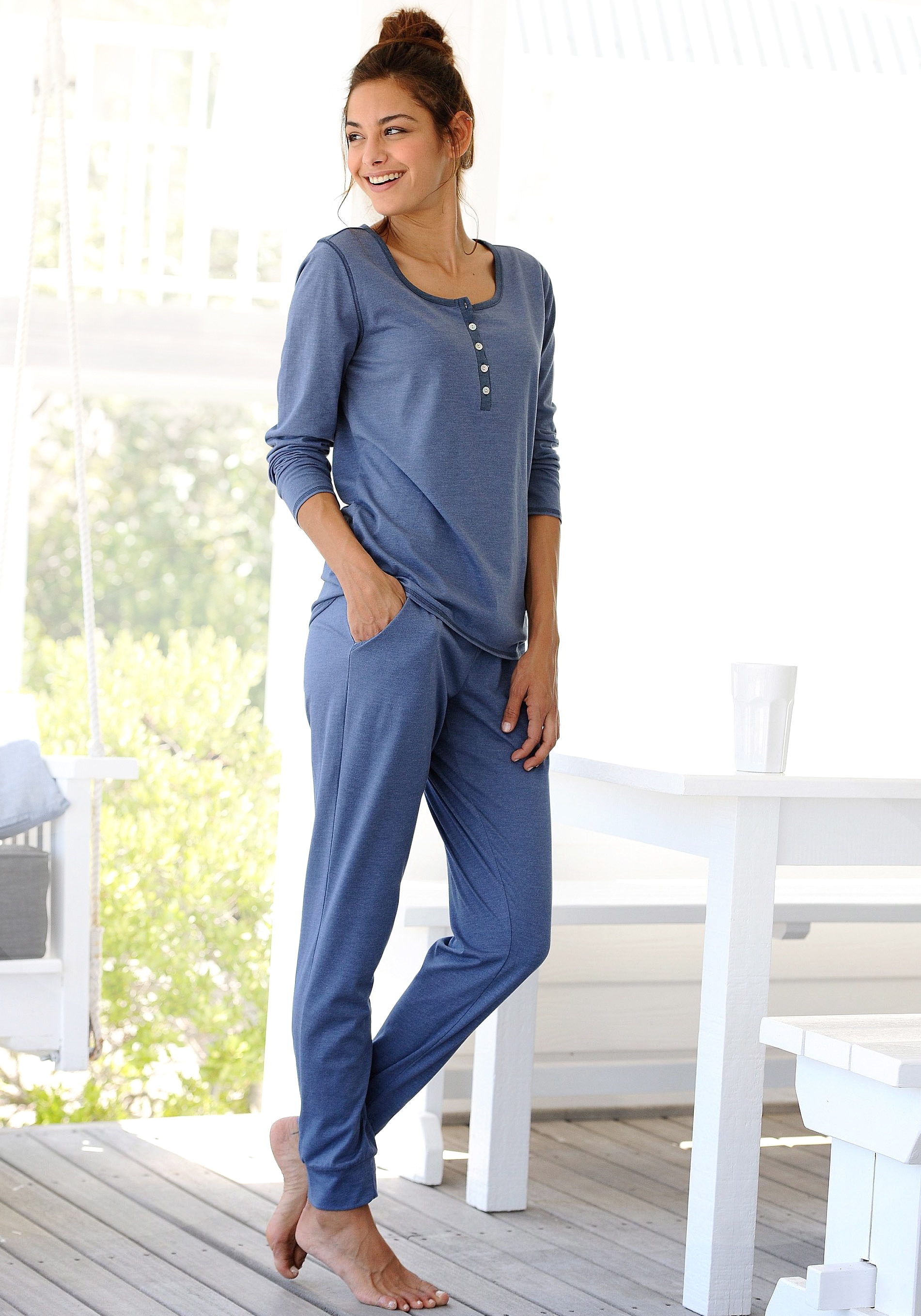 arizona pyjama, (2 tlg., 1 stÃ¼ck), in melierter qualitÃ¤t mit knopfleiste blau