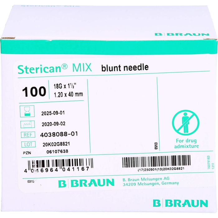 b. braun melsungen ag sterican kanÃ¼len 18 gx1 1/2 1,1x40 blunt/stumpf