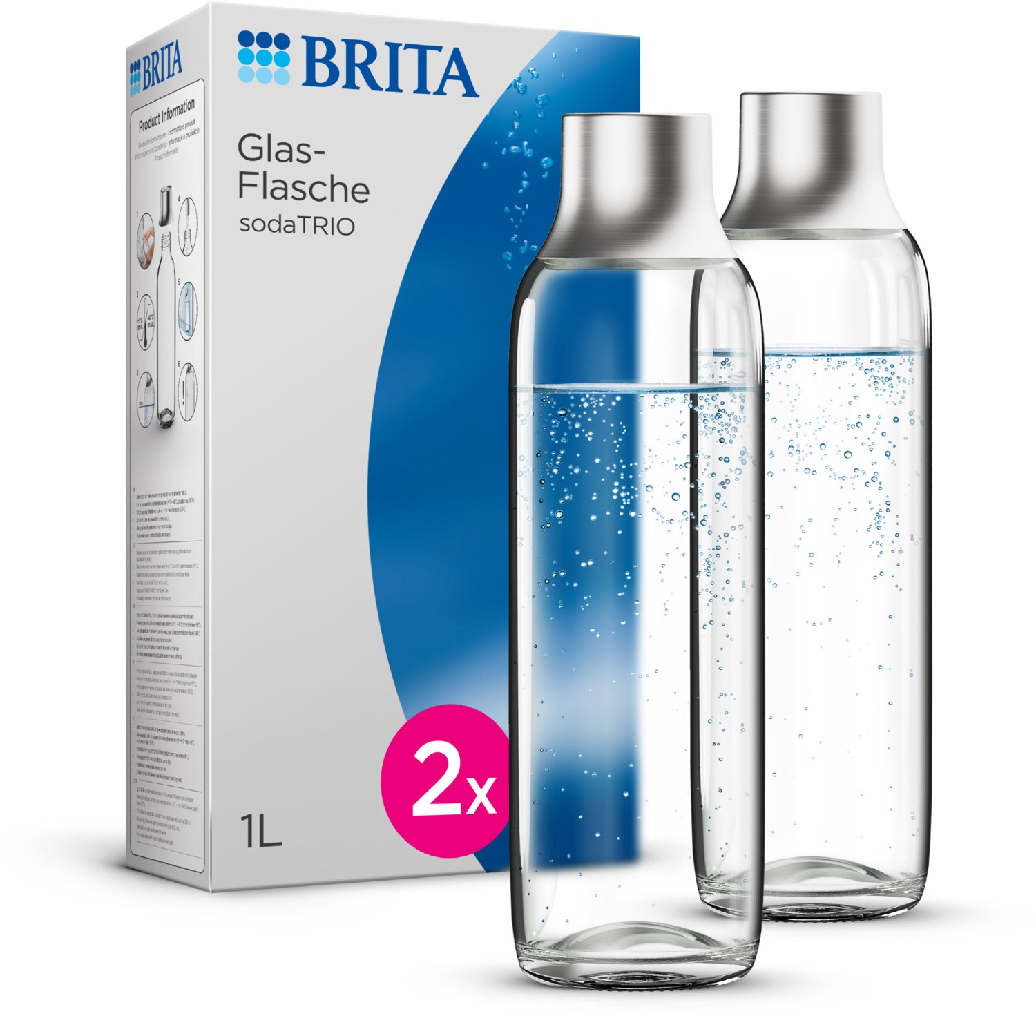 Brita Sodatrio Glasflaschen Pack 2 Je 1 Liter Mit Edelstahldeckel