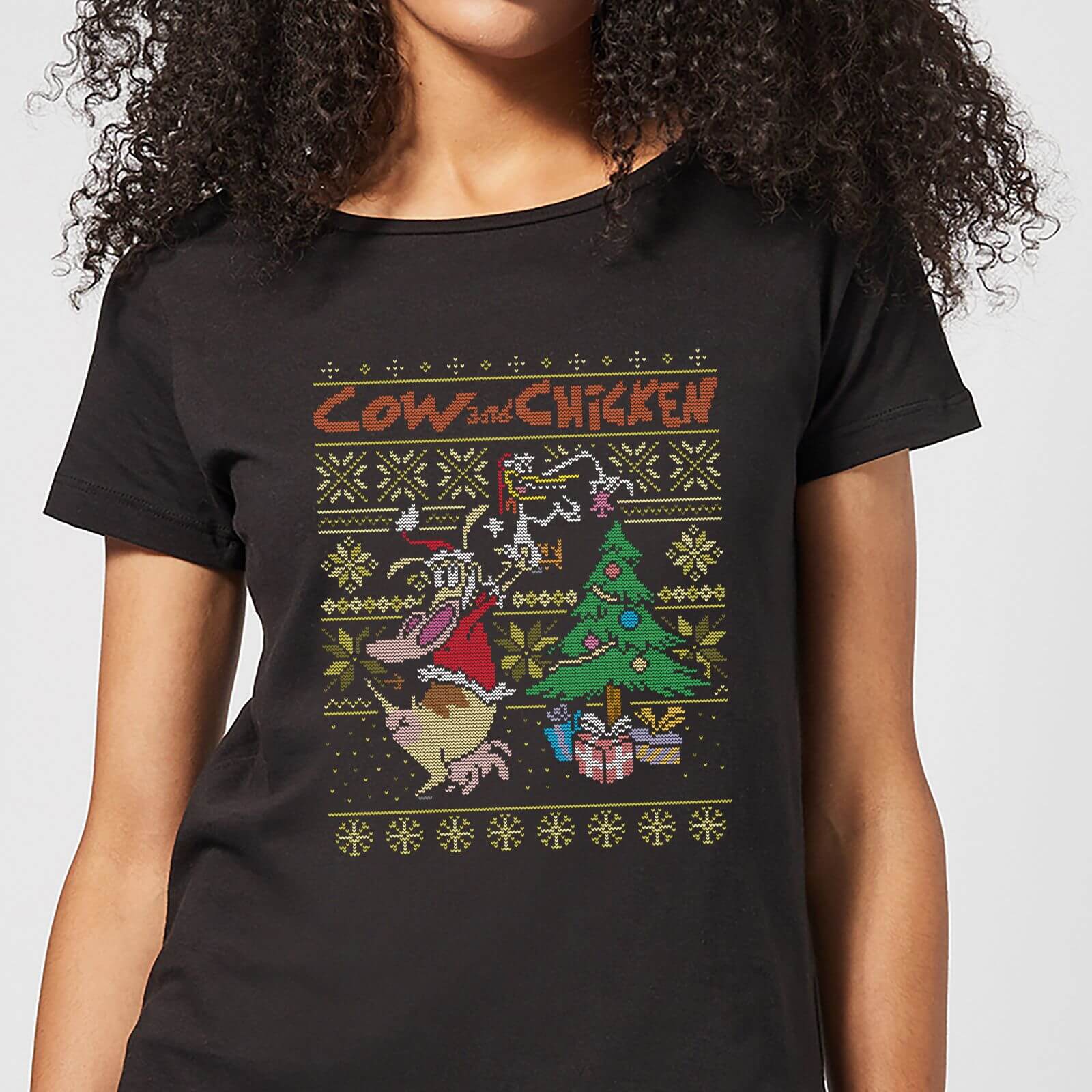 cartoon network cow and chicken cow and chicken pattern womens christmas t-shirt - black - s schwarz