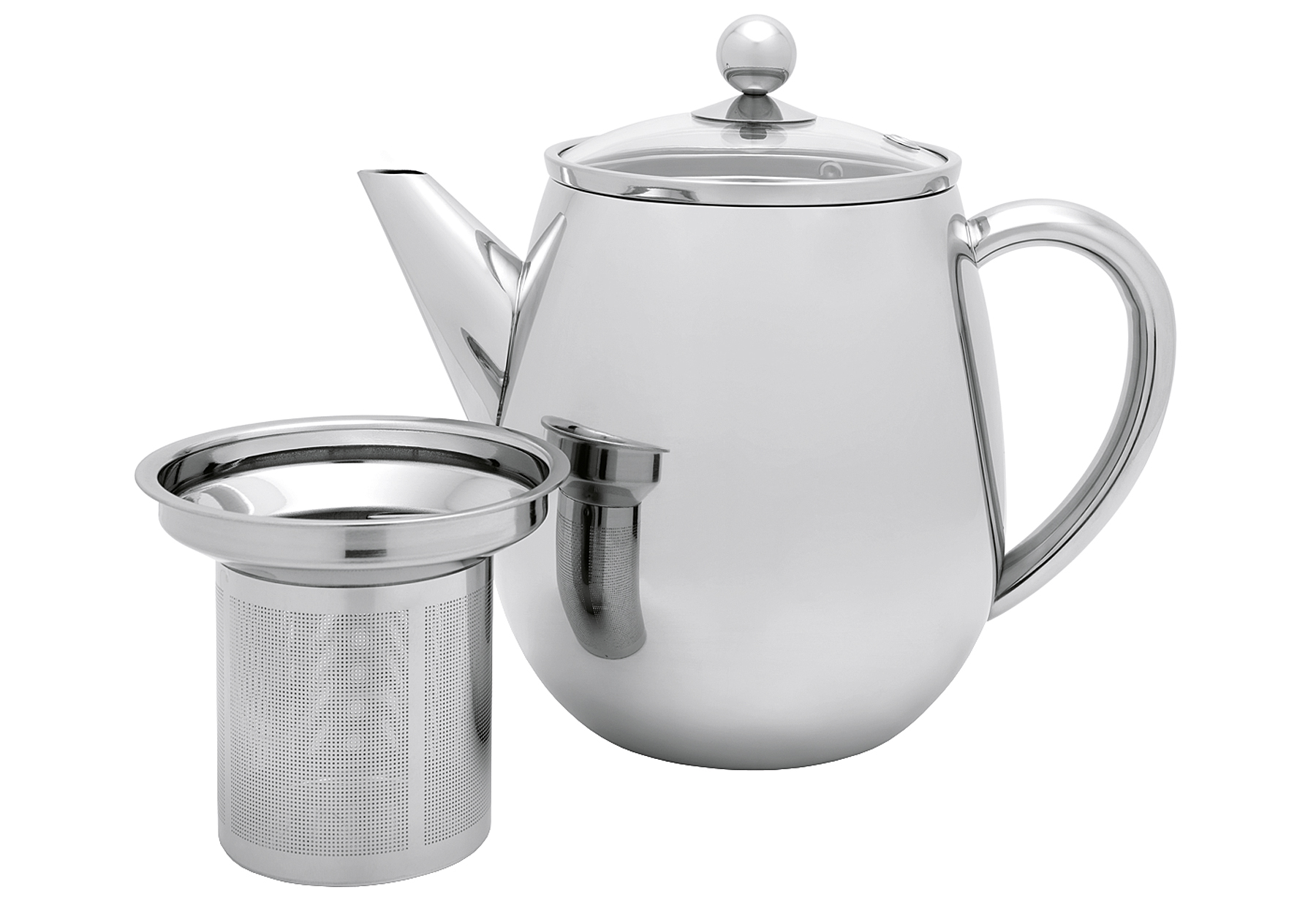 Doppelwandige Teekanne 1.1 Liter Silber Edelstahlkanne Glas-deckel Mit Teefilter