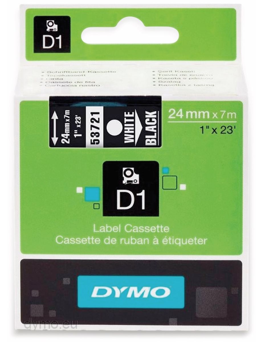 Dymo 53721 D1 Standard 24mm X 7m White On Black ~e~