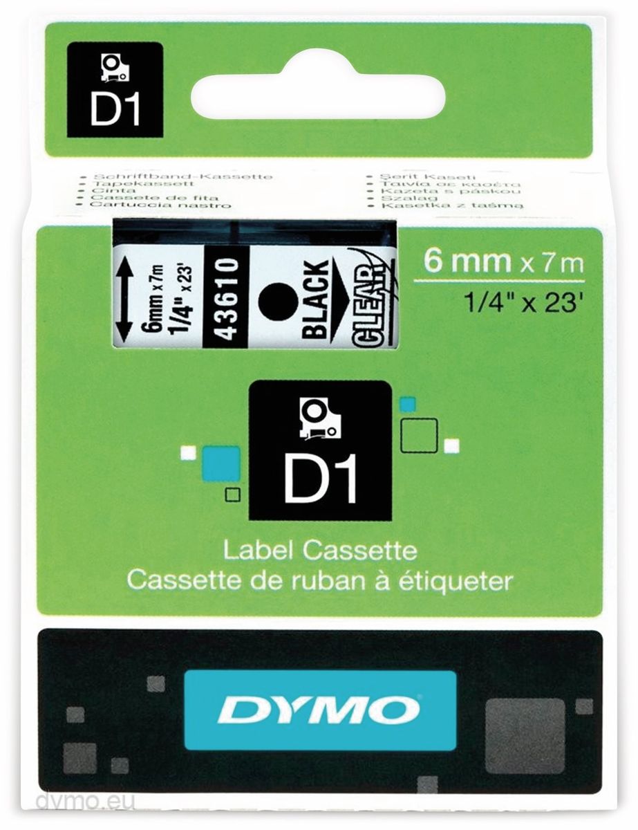 dymo beschriftungsband d1 fÃ¼r labelmanager, auf transparent, standard, 6mm schwarz uomo