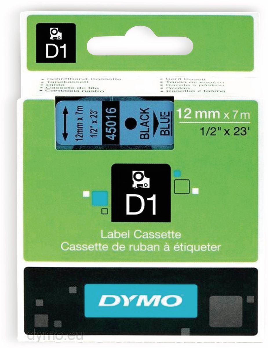 Dymo S0720560 45016 D1 Standard 12mm X 7m Black On Blue, 5-pack ~e~