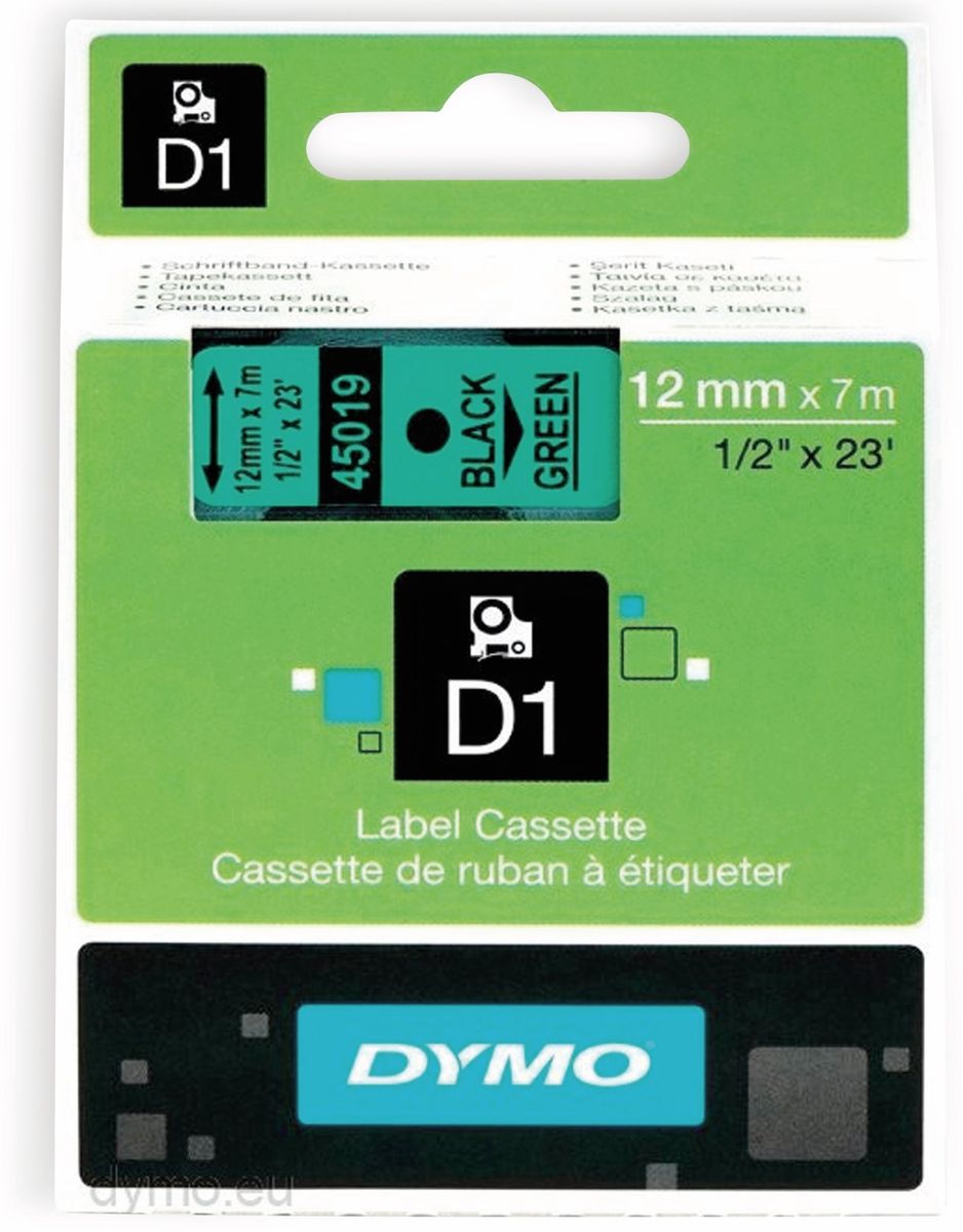 Dymo S0720590 D1 Standard 12mm X 7m Black On Green, ~e~