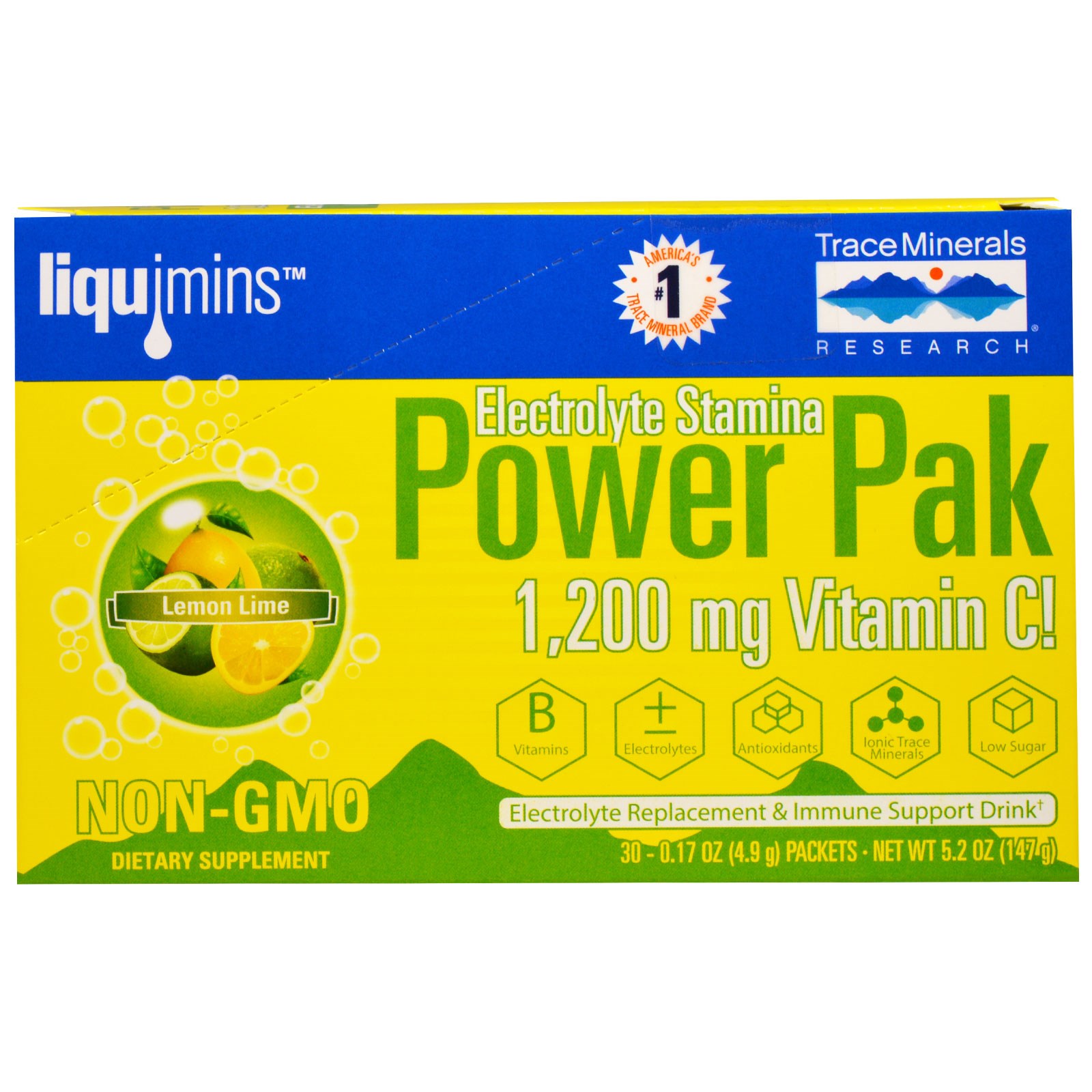 Electrolyte Stamina, Power Pak, Lemon Lime (30 Packets, 4.9 G Each) - Trace Mine