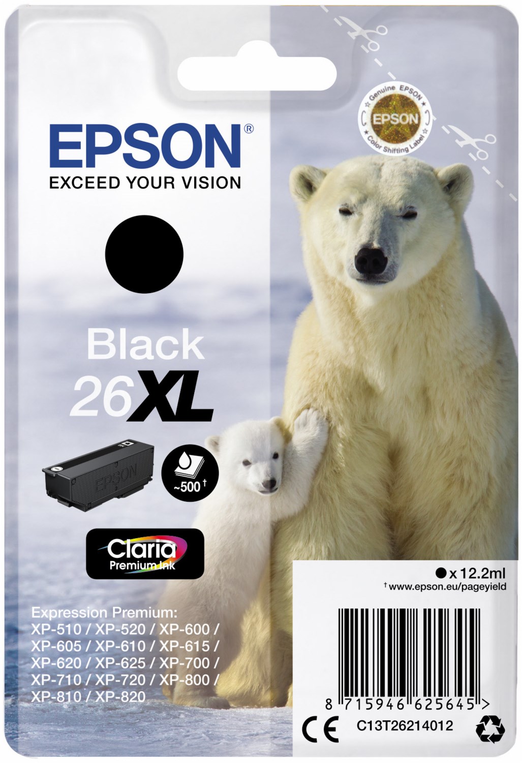 Epson C13t26214012/26xl Tintenpatrone Schwarz Hochleistungs Xl, 500 Seiten 12,2ml F