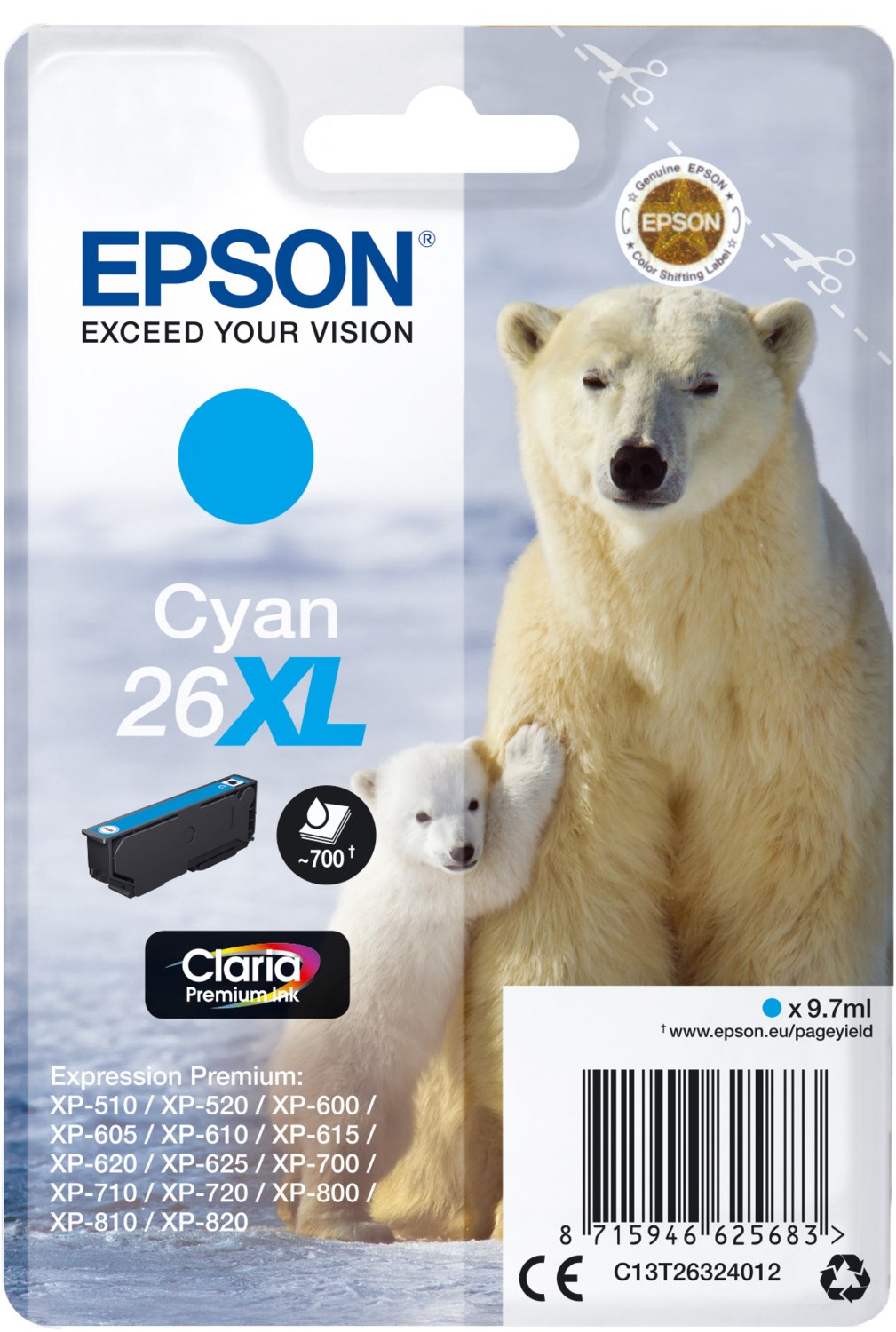Epson C13t26324012/26xl Tintenpatrone Cyan Hochkapazität Xl, 700 Seiten 9,7ml Für