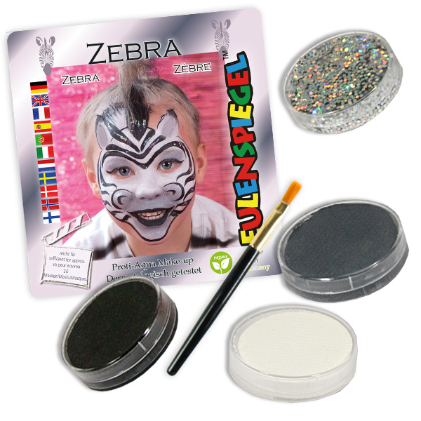 eulenspiegel kinderschminke-set zebra, profi-aqua, 3 farben +1x glitzer +pinsel