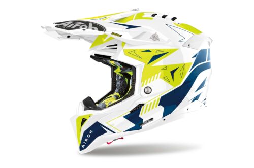 Helm Moto-cross Airoh Aviator 3 Spin Gliallo Blau Poliert Ece 22.06