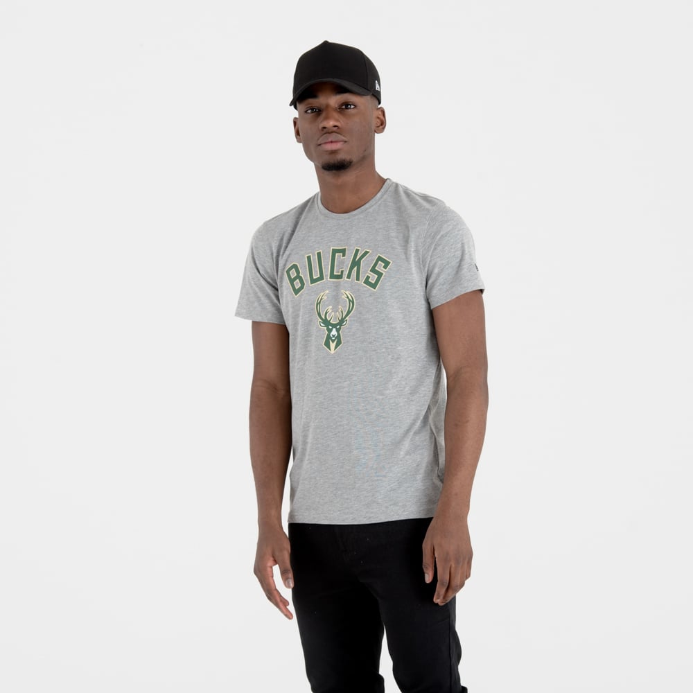 New Era Milwaukee Bucks Nba Team Logo Tee Heather Grey T T-shirt Men M L Xl Xxl