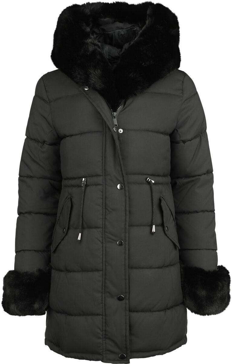 Qed London Fur Trim Padded Hooded Coat Frauen Mantel Schwarz