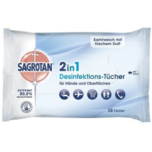 Reckitt Benckiser Deutschland Gmbh Sagrotan 2in1 Desinfektionstücher, Feuchttücher Zur Hand- Und Flächendesinfektion, 1 Packung = 15 Tücher