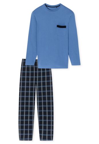 Schiesser Schlafanzug Lang Organic Cotton Karos Atlantikblau - Comfort Nightwear 54 Male