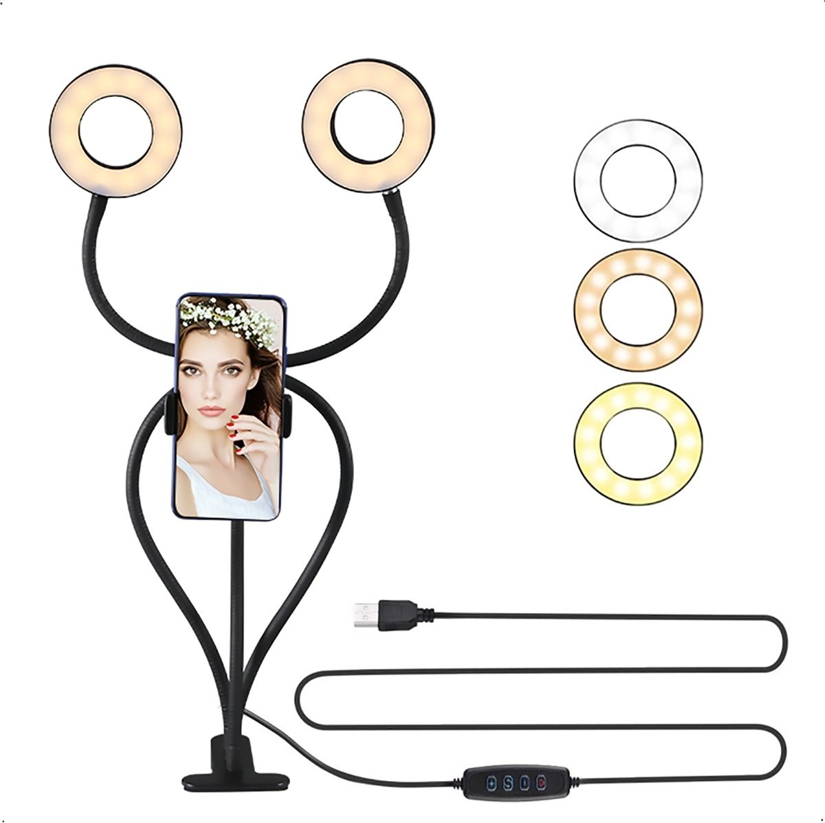 urgoods led-ringlampe mit stativ smartphone - doppel-ringlampe - usb - schreibtischlampe led dimmbar - mit tischklemme - ringlicht - 3 lichtstufen